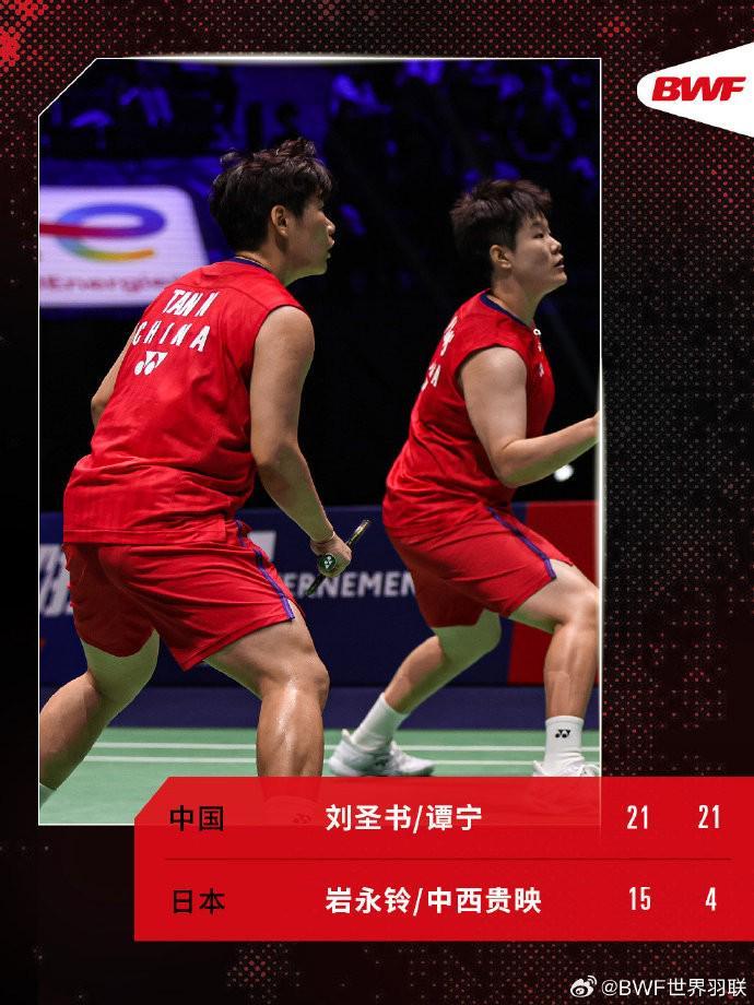刘圣书/谭宁2-0战胜岩永铃/中西贵映,首次参加世锦赛便跻身决赛